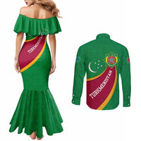 Turkmenistan Green Couples Matching Mermaid Dress and Long Sleeve Button Shirt with Crescent Moon and State Emblem Design