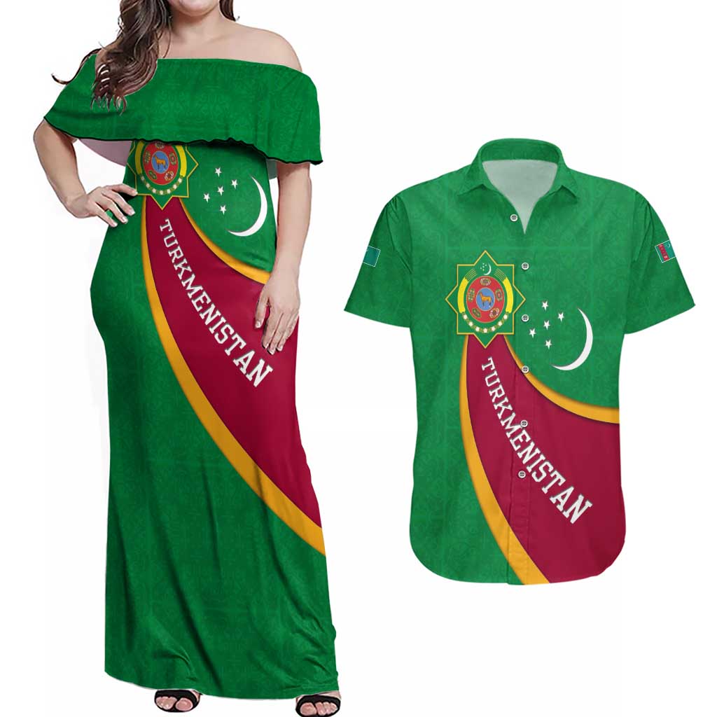 Turkmenistan Green Couples Matching Off Shoulder Maxi Dress and Hawaiian Shirt with Crescent Moon and State Emblem Design