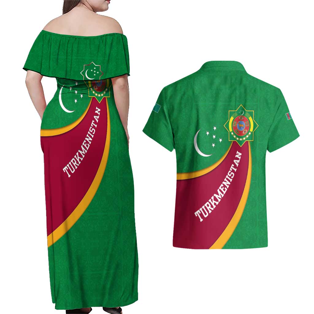 Turkmenistan Green Couples Matching Off Shoulder Maxi Dress and Hawaiian Shirt with Crescent Moon and State Emblem Design