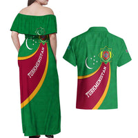 Turkmenistan Green Couples Matching Off Shoulder Maxi Dress and Hawaiian Shirt with Crescent Moon and State Emblem Design