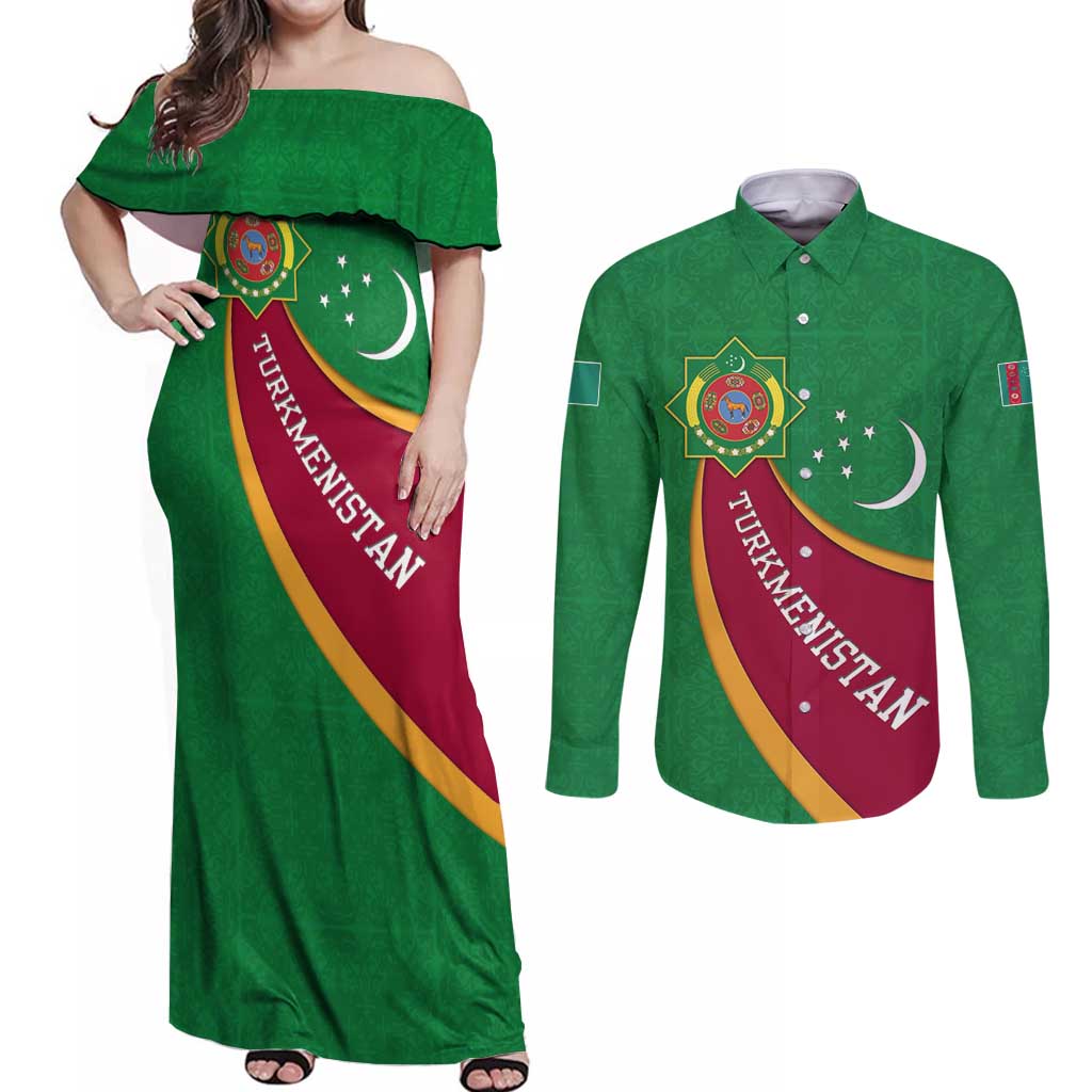 Turkmenistan Green Couples Matching Off Shoulder Maxi Dress and Long Sleeve Button Shirt with Crescent Moon and State Emblem Design