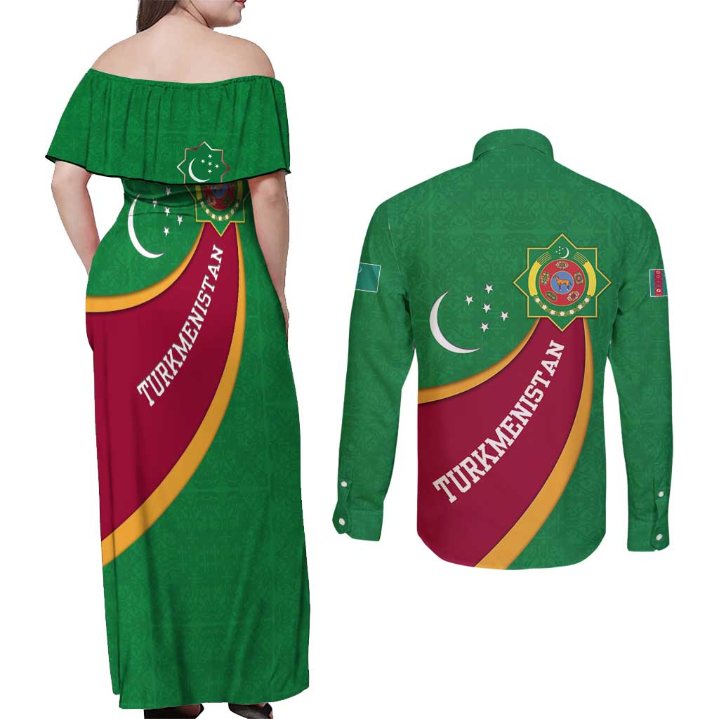 Turkmenistan Green Couples Matching Off Shoulder Maxi Dress and Long Sleeve Button Shirt with Crescent Moon and State Emblem Design