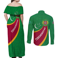 Turkmenistan Green Couples Matching Off Shoulder Maxi Dress and Long Sleeve Button Shirt with Crescent Moon and State Emblem Design