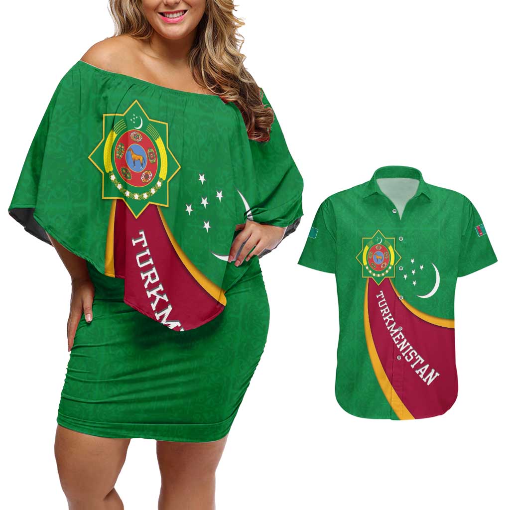 Turkmenistan Green Couples Matching Off Shoulder Short Dress and Hawaiian Shirt with Crescent Moon and State Emblem Design