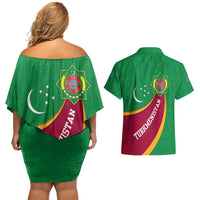 Turkmenistan Green Couples Matching Off Shoulder Short Dress and Hawaiian Shirt with Crescent Moon and State Emblem Design