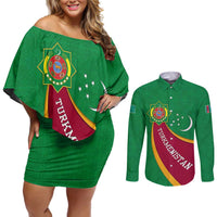 Turkmenistan Green Couples Matching Off Shoulder Short Dress and Long Sleeve Button Shirt with Crescent Moon and State Emblem Design