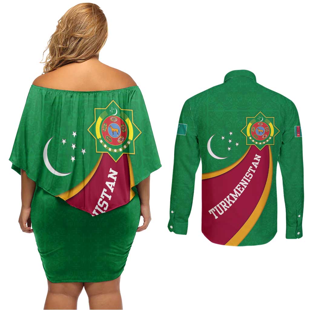 Turkmenistan Green Couples Matching Off Shoulder Short Dress and Long Sleeve Button Shirt with Crescent Moon and State Emblem Design