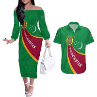 Turkmenistan Green Couples Matching Off The Shoulder Long Sleeve Dress and Hawaiian Shirt with Crescent Moon and State Emblem Design