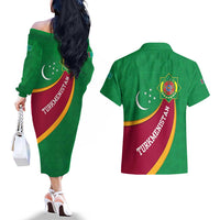 Turkmenistan Green Couples Matching Off The Shoulder Long Sleeve Dress and Hawaiian Shirt with Crescent Moon and State Emblem Design