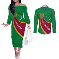 Turkmenistan Green Couples Matching Off The Shoulder Long Sleeve Dress and Long Sleeve Button Shirt with Crescent Moon and State Emblem Design