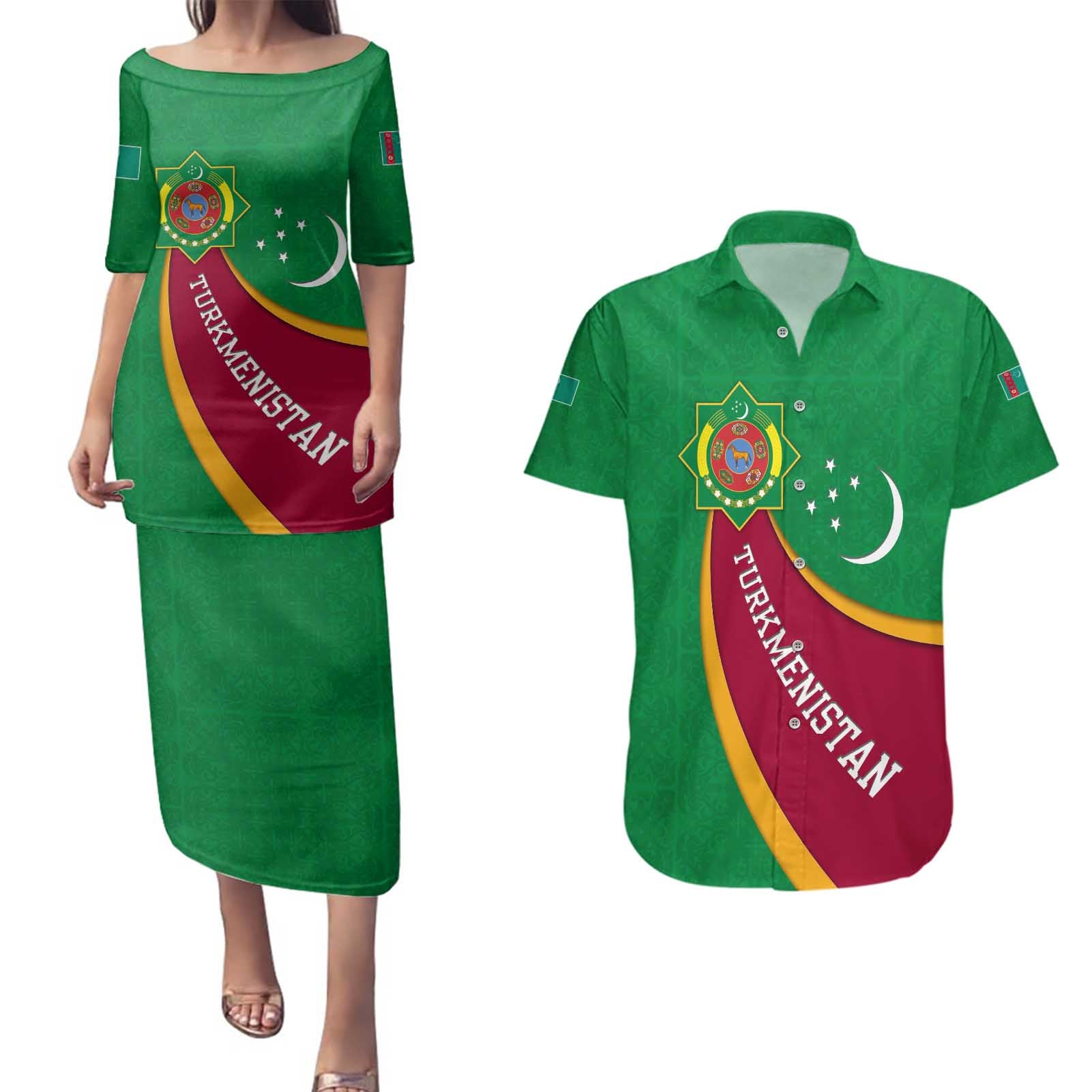 Turkmenistan Green Couples Matching Puletasi and Hawaiian Shirt with Crescent Moon and State Emblem Design