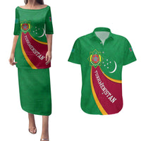 Turkmenistan Green Couples Matching Puletasi and Hawaiian Shirt with Crescent Moon and State Emblem Design