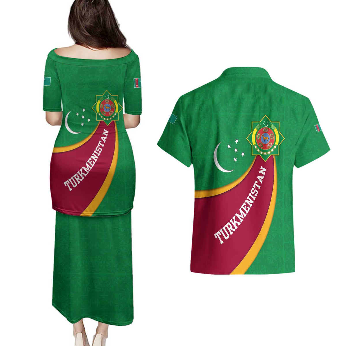 Turkmenistan Green Couples Matching Puletasi and Hawaiian Shirt with Crescent Moon and State Emblem Design