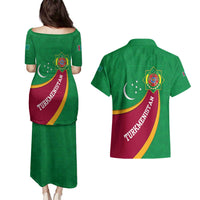Turkmenistan Green Couples Matching Puletasi and Hawaiian Shirt with Crescent Moon and State Emblem Design