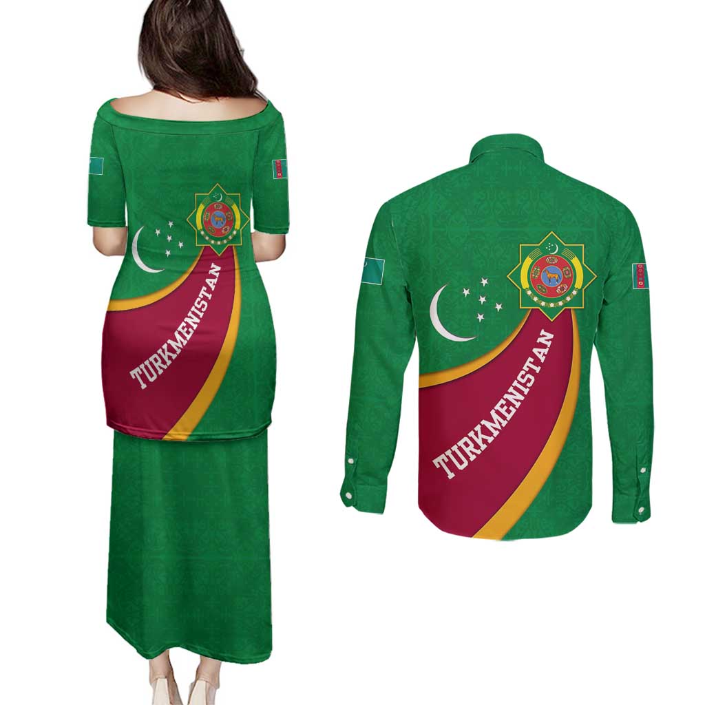 Turkmenistan Green Couples Matching Puletasi and Long Sleeve Button Shirt with Crescent Moon and State Emblem Design