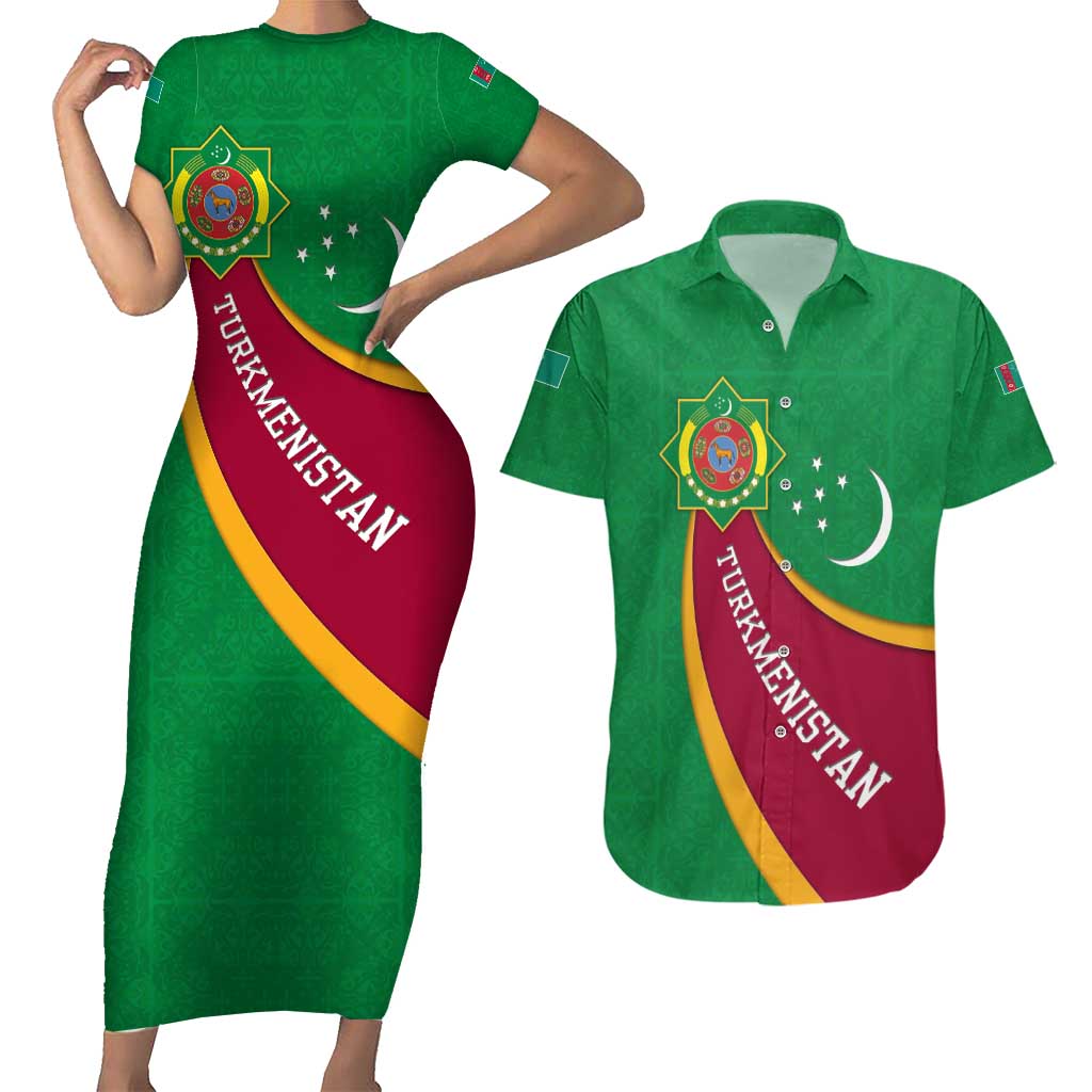 Turkmenistan Green Couples Matching Short Sleeve Bodycon Dress and Hawaiian Shirt with Crescent Moon and State Emblem Design