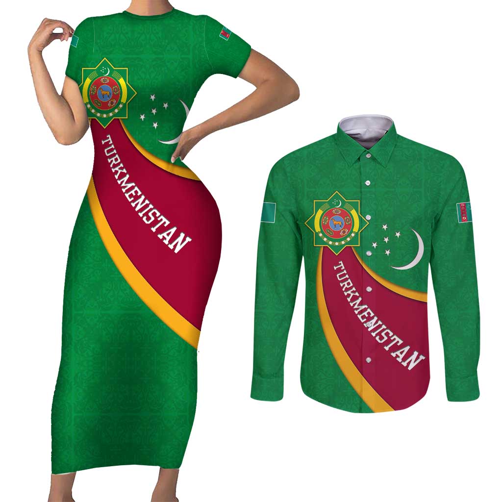 Turkmenistan Green Couples Matching Short Sleeve Bodycon Dress and Long Sleeve Button Shirt with Crescent Moon and State Emblem Design