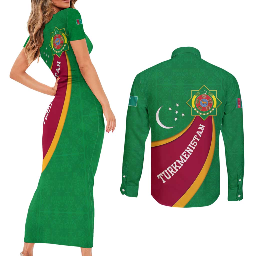 Turkmenistan Green Couples Matching Short Sleeve Bodycon Dress and Long Sleeve Button Shirt with Crescent Moon and State Emblem Design
