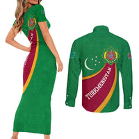 Turkmenistan Green Couples Matching Short Sleeve Bodycon Dress and Long Sleeve Button Shirt with Crescent Moon and State Emblem Design