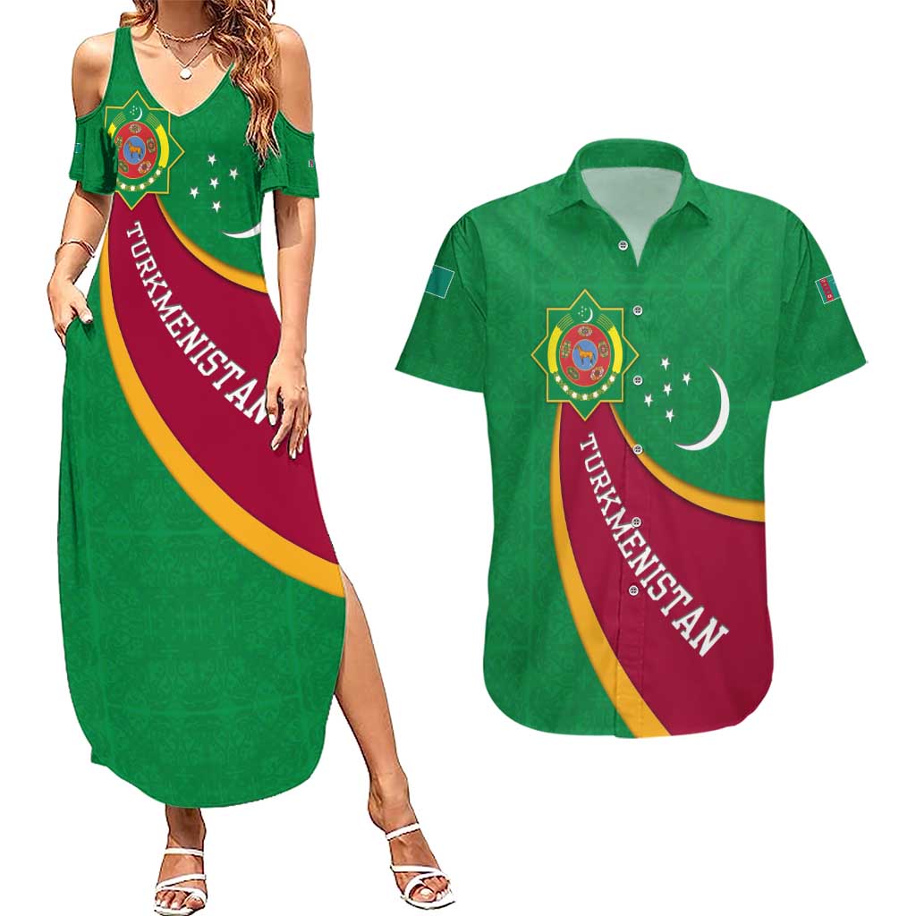 Turkmenistan Green Couples Matching Summer Maxi Dress and Hawaiian Shirt with Crescent Moon and State Emblem Design