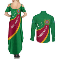 Turkmenistan Green Couples Matching Summer Maxi Dress and Long Sleeve Button Shirt with Crescent Moon and State Emblem Design