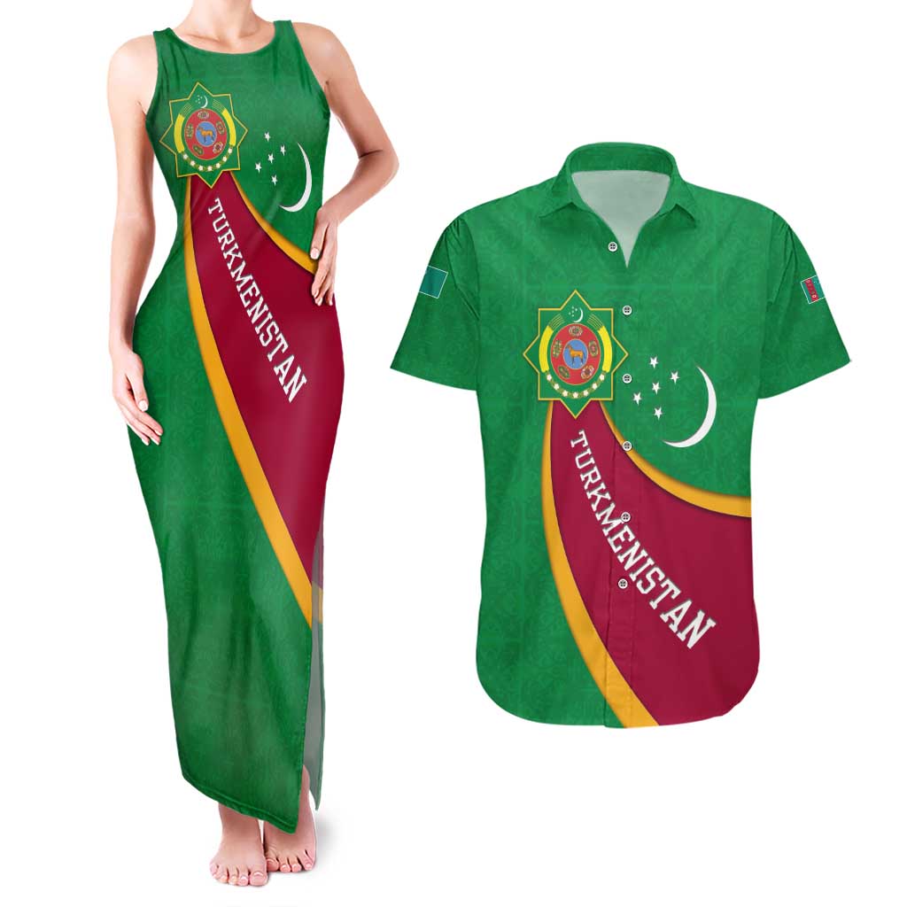 Turkmenistan Green Couples Matching Tank Maxi Dress and Hawaiian Shirt with Crescent Moon and State Emblem Design