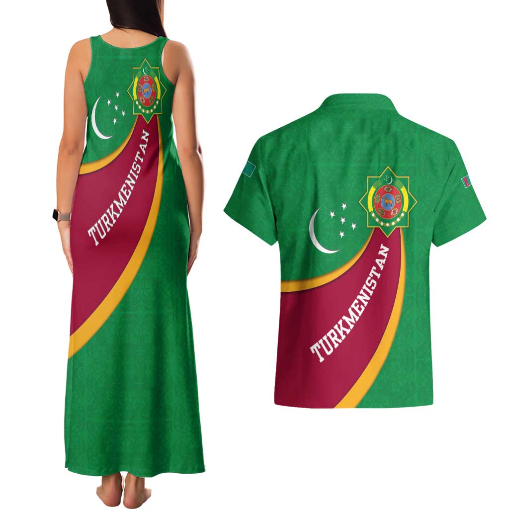 Turkmenistan Green Couples Matching Tank Maxi Dress and Hawaiian Shirt with Crescent Moon and State Emblem Design