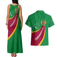 Turkmenistan Green Couples Matching Tank Maxi Dress and Hawaiian Shirt with Crescent Moon and State Emblem Design