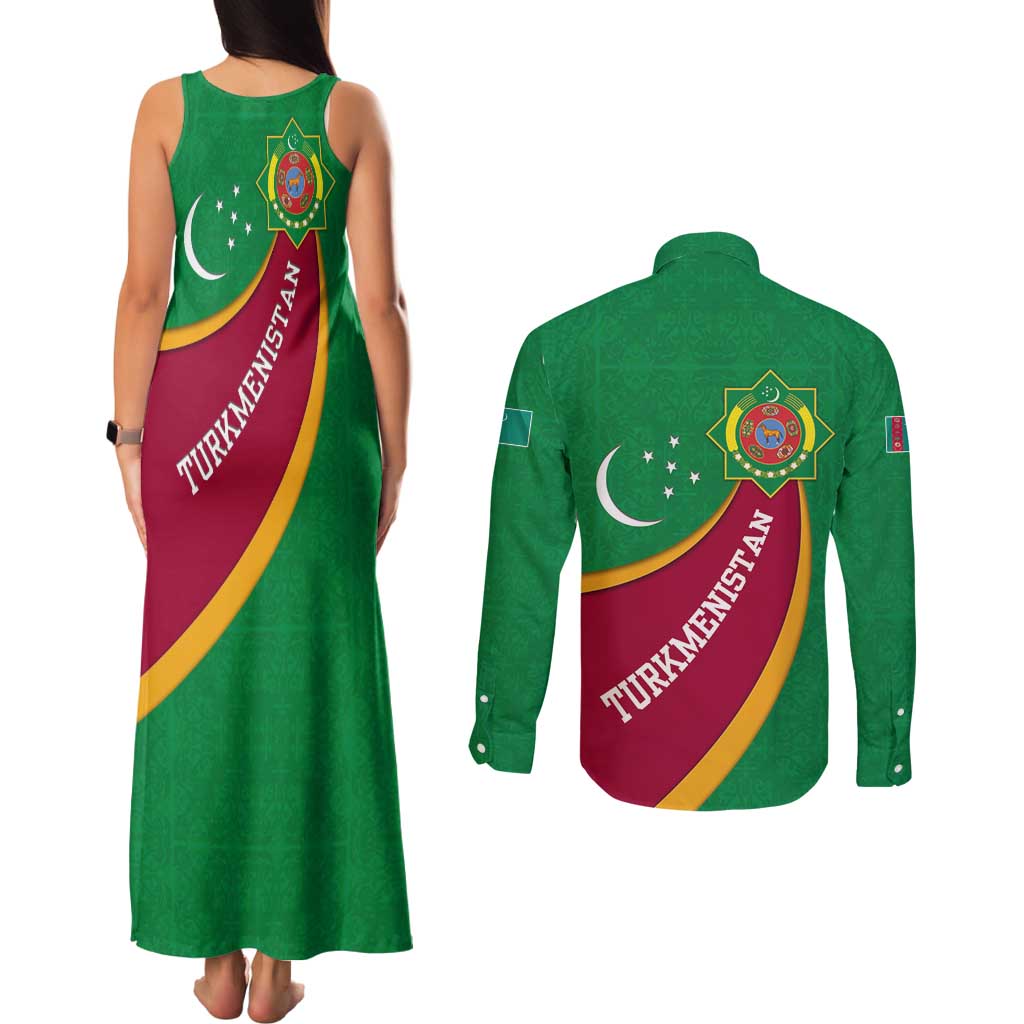 Turkmenistan Green Couples Matching Tank Maxi Dress and Long Sleeve Button Shirt with Crescent Moon and State Emblem Design