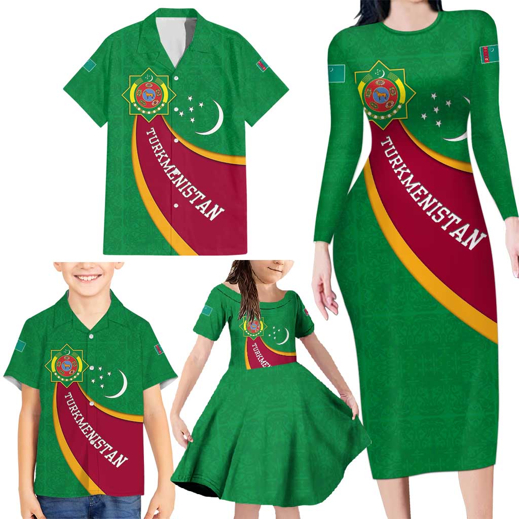 Turkmenistan Green Family Matching Long Sleeve Bodycon Dress and Hawaiian Shirt with Crescent Moon and State Emblem Design
