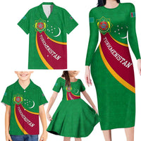 Turkmenistan Green Family Matching Long Sleeve Bodycon Dress and Hawaiian Shirt with Crescent Moon and State Emblem Design