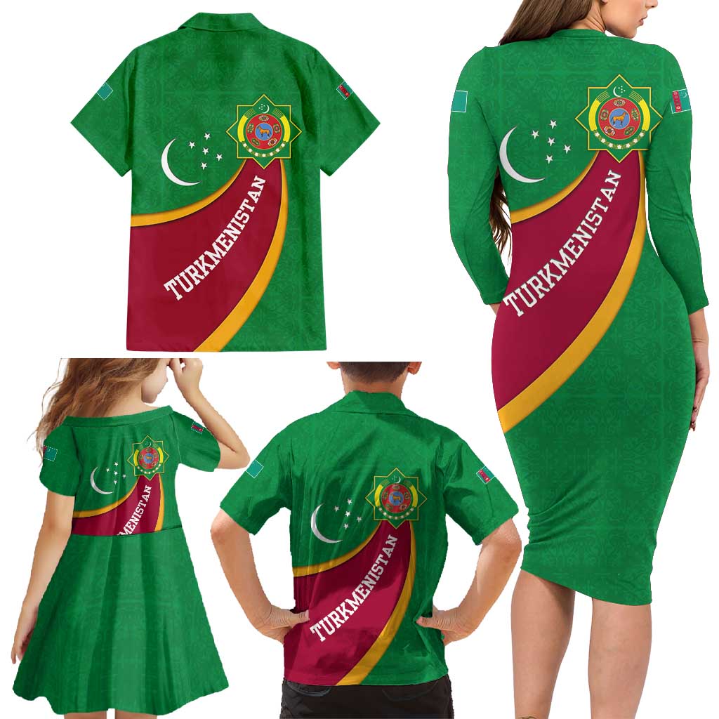 Turkmenistan Green Family Matching Long Sleeve Bodycon Dress and Hawaiian Shirt with Crescent Moon and State Emblem Design