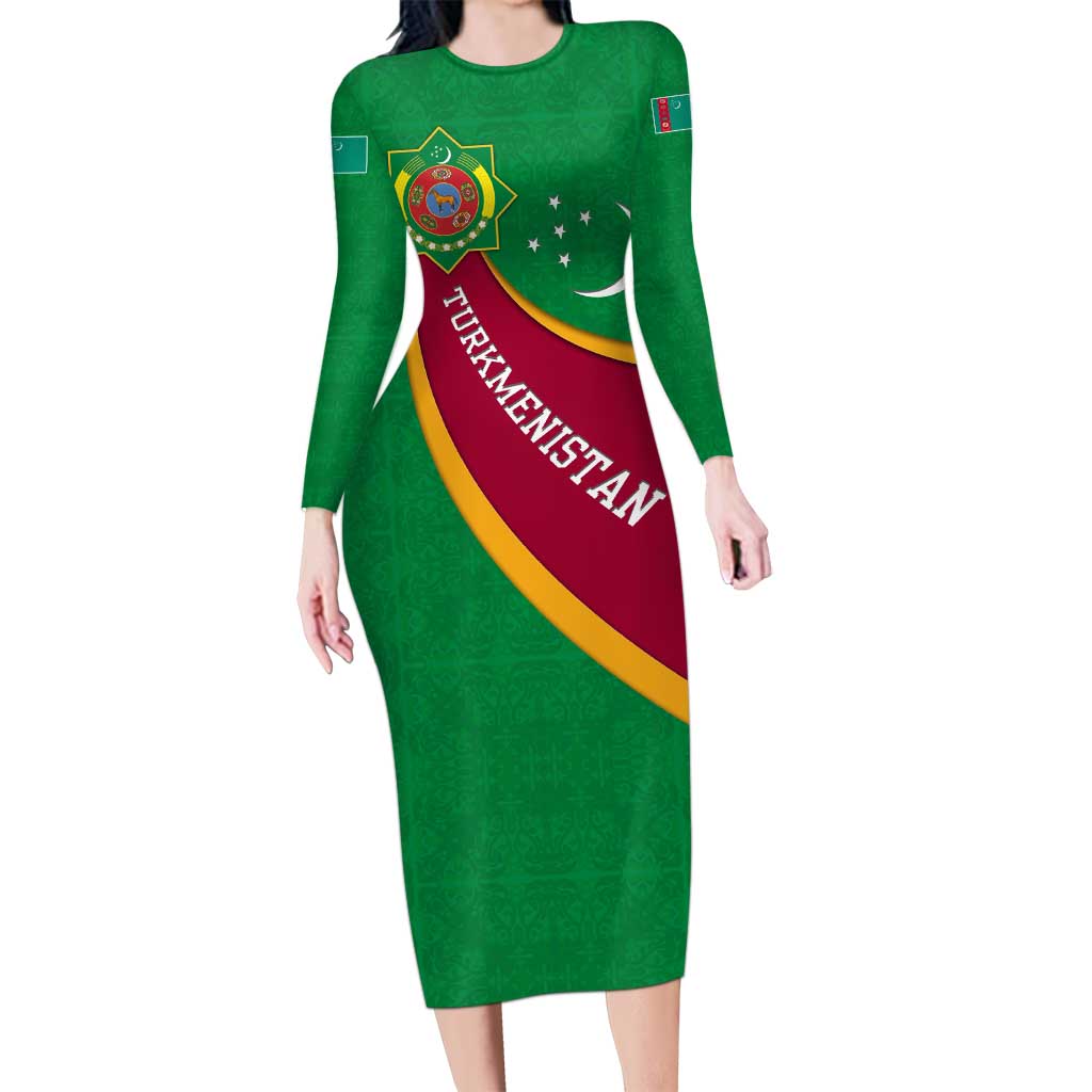 Turkmenistan Green Family Matching Long Sleeve Bodycon Dress and Hawaiian Shirt with Crescent Moon and State Emblem Design