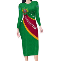 Turkmenistan Green Family Matching Long Sleeve Bodycon Dress and Hawaiian Shirt with Crescent Moon and State Emblem Design