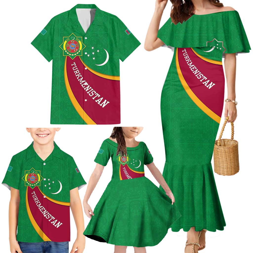 Turkmenistan Green Family Matching Mermaid Dress and Hawaiian Shirt with Crescent Moon and State Emblem Design