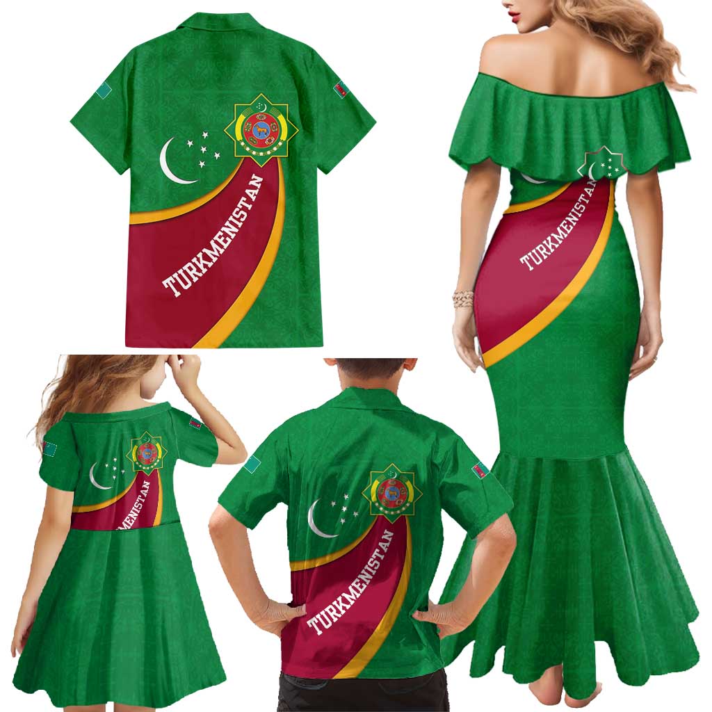 Turkmenistan Green Family Matching Mermaid Dress and Hawaiian Shirt with Crescent Moon and State Emblem Design