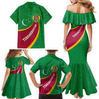 Turkmenistan Green Family Matching Mermaid Dress and Hawaiian Shirt with Crescent Moon and State Emblem Design