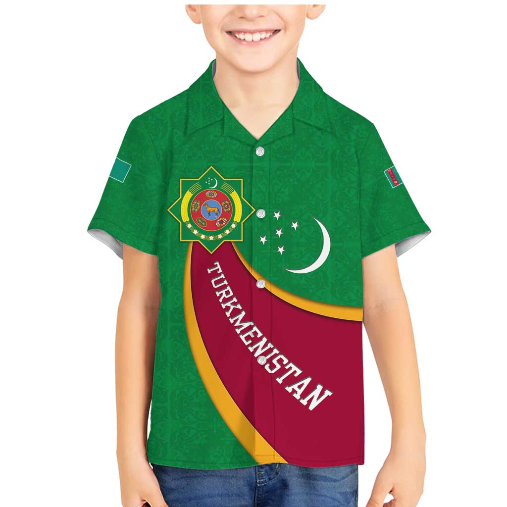 Turkmenistan Green Family Matching Mermaid Dress and Hawaiian Shirt with Crescent Moon and State Emblem Design
