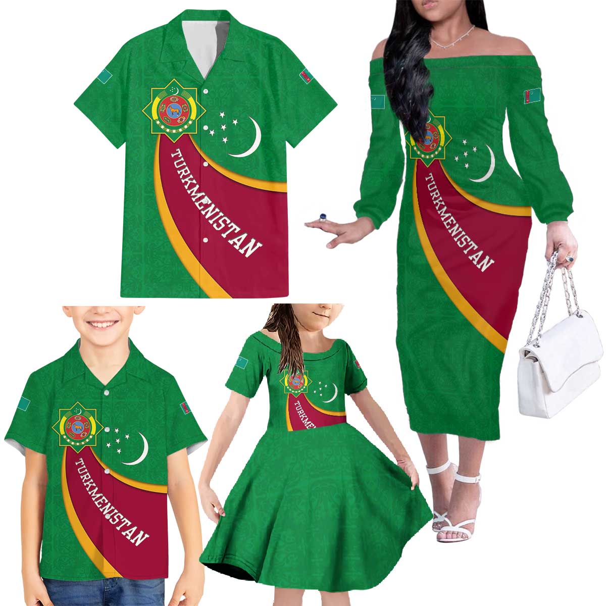 Turkmenistan Green Family Matching Off The Shoulder Long Sleeve Dress and Hawaiian Shirt with Crescent Moon and State Emblem Design