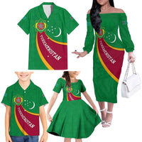 Turkmenistan Green Family Matching Off The Shoulder Long Sleeve Dress and Hawaiian Shirt with Crescent Moon and State Emblem Design