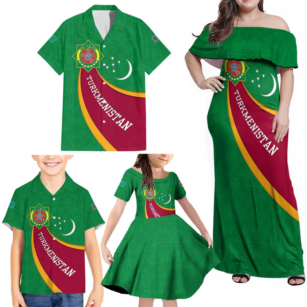 Turkmenistan Green Family Matching Off Shoulder Maxi Dress and Hawaiian Shirt with Crescent Moon and State Emblem Design