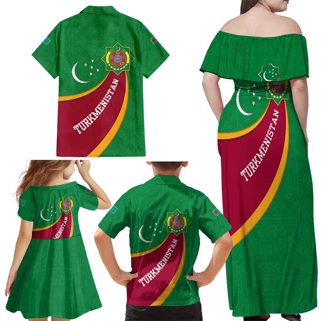 Turkmenistan Green Family Matching Off Shoulder Maxi Dress and Hawaiian Shirt with Crescent Moon and State Emblem Design