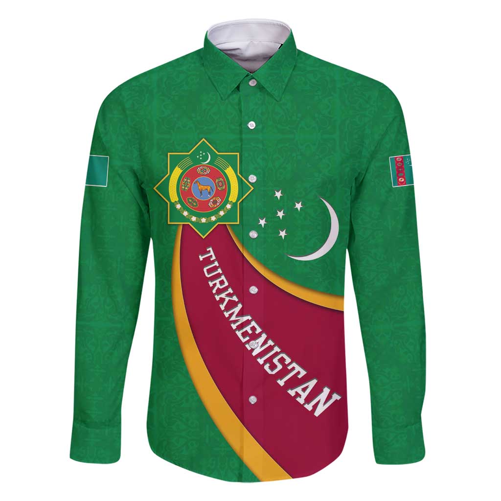 Turkmenistan Green Family Matching Off Shoulder Maxi Dress and Hawaiian Shirt with Crescent Moon and State Emblem Design