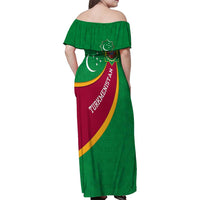 Turkmenistan Green Family Matching Off Shoulder Maxi Dress and Hawaiian Shirt with Crescent Moon and State Emblem Design