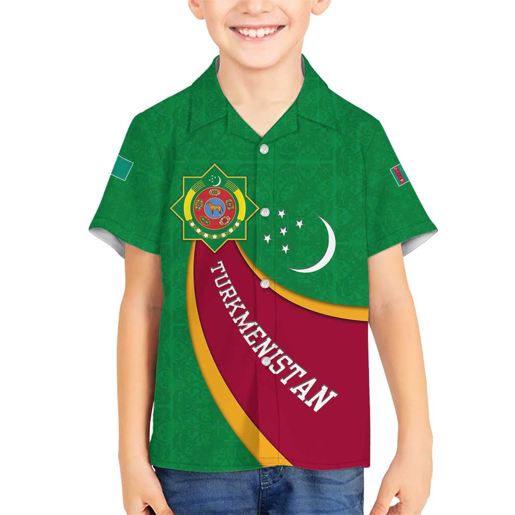 Turkmenistan Green Family Matching Off Shoulder Maxi Dress and Hawaiian Shirt with Crescent Moon and State Emblem Design