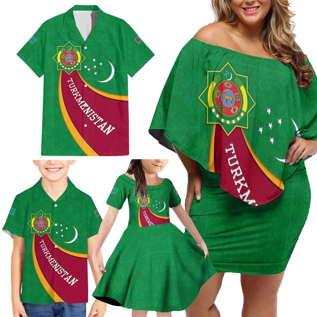 Turkmenistan Green Family Matching Off Shoulder Short Dress and Hawaiian Shirt with Crescent Moon and State Emblem Design