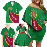 Turkmenistan Green Family Matching Off Shoulder Short Dress and Hawaiian Shirt with Crescent Moon and State Emblem Design