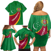 Turkmenistan Green Family Matching Off Shoulder Short Dress and Hawaiian Shirt with Crescent Moon and State Emblem Design