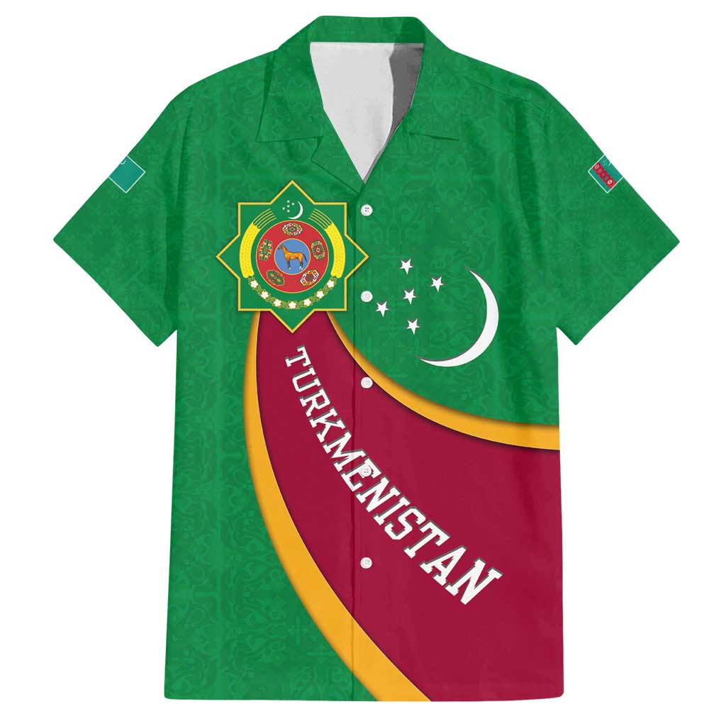 Turkmenistan Green Family Matching Off Shoulder Short Dress and Hawaiian Shirt with Crescent Moon and State Emblem Design