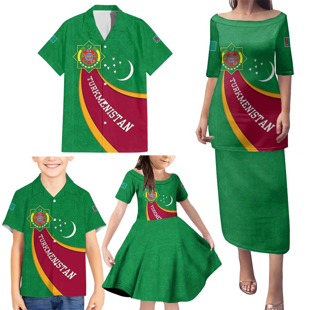 Turkmenistan Green Family Matching Puletasi and Hawaiian Shirt with Crescent Moon and State Emblem Design